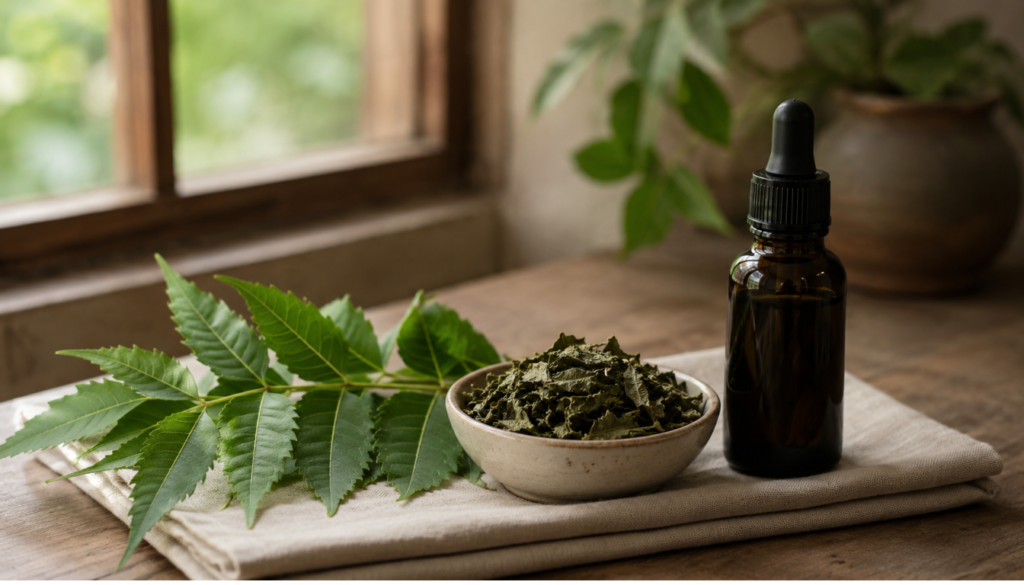 A small bowl of dried neem leaves, a fresh neem branch, and a dark glass dropper bottle arranged on a cloth near a window with greenery in the background.