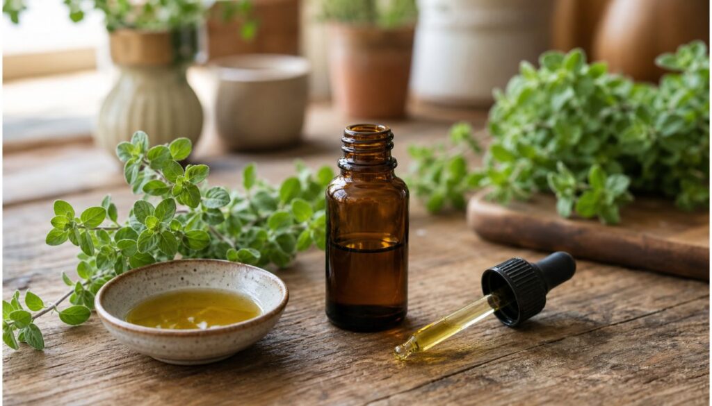 A small brown glass bottle, dropper, and dish of golden oregano oil surrounded by fresh oregano sprigs on a rustic wooden surface.