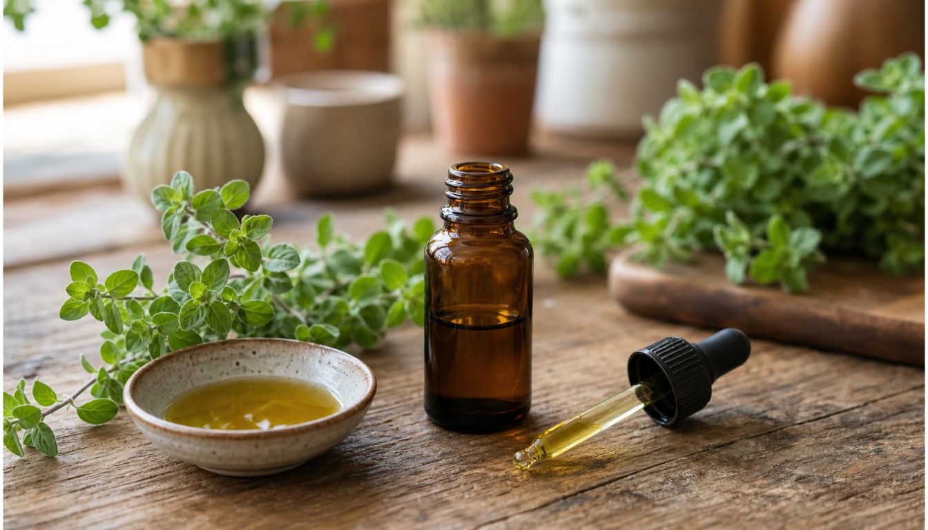 A small brown glass bottle, dropper, and dish of golden oregano oil surrounded by fresh oregano sprigs on a rustic wooden surface.