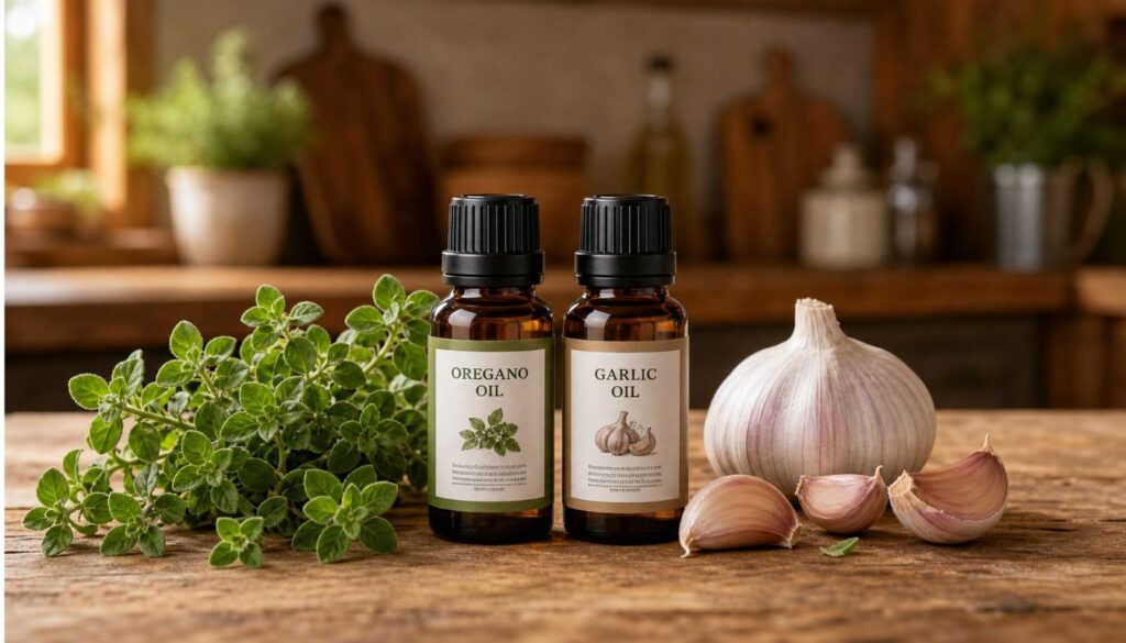 Amber bottles of oregano oil and garlic oil on a rustic wooden surface, surrounded by fresh oregano sprigs and garlic cloves.