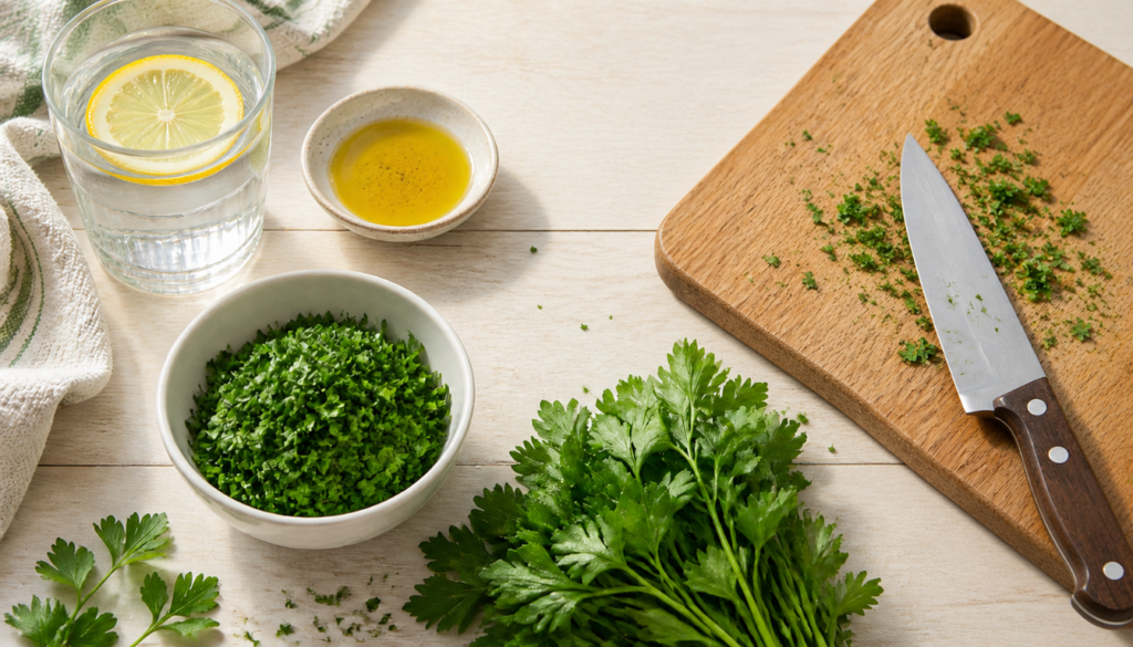 Fresh parsley being chopped on a wooden cutting board, with a bowl of chopped parsley, a bunch of whole parsley, olive oil, and a lemon‑water drink arranged on a bright kitchen countertop.