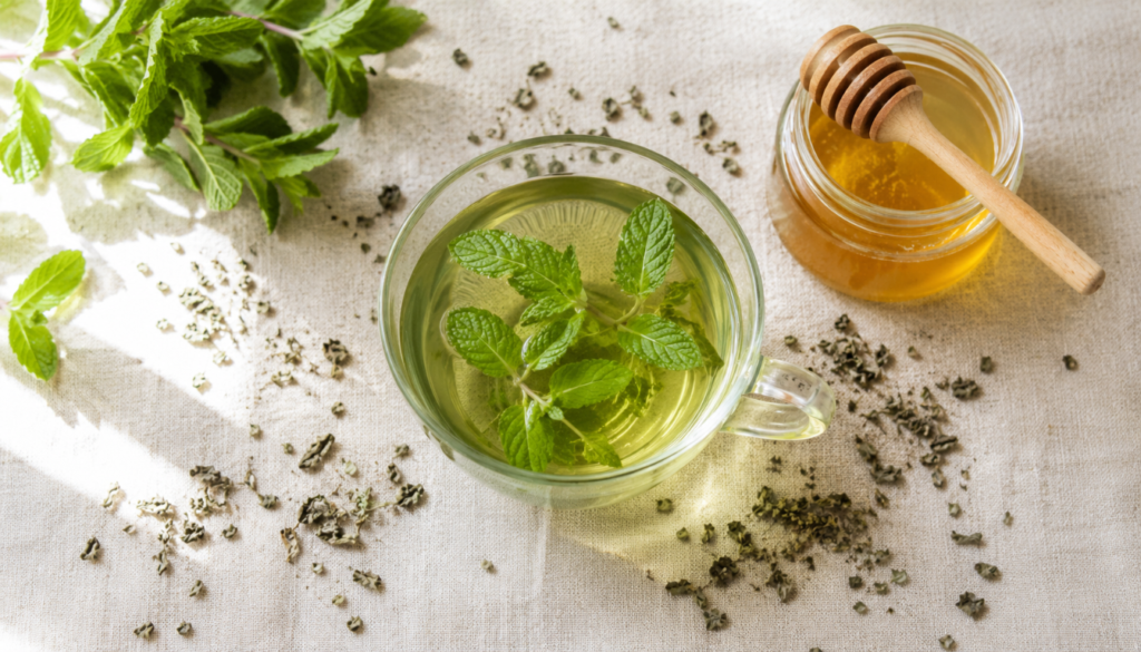 A clear glass cup of peppermint tea with fresh mint leaves floating inside, placed beside a jar of honey and scattered dried mint.