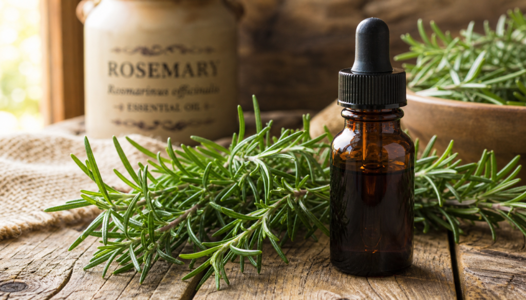 A small amber dropper bottle surrounded by fresh rosemary sprigs on a rustic wooden surface, with a rosemary essential oil container in the background.