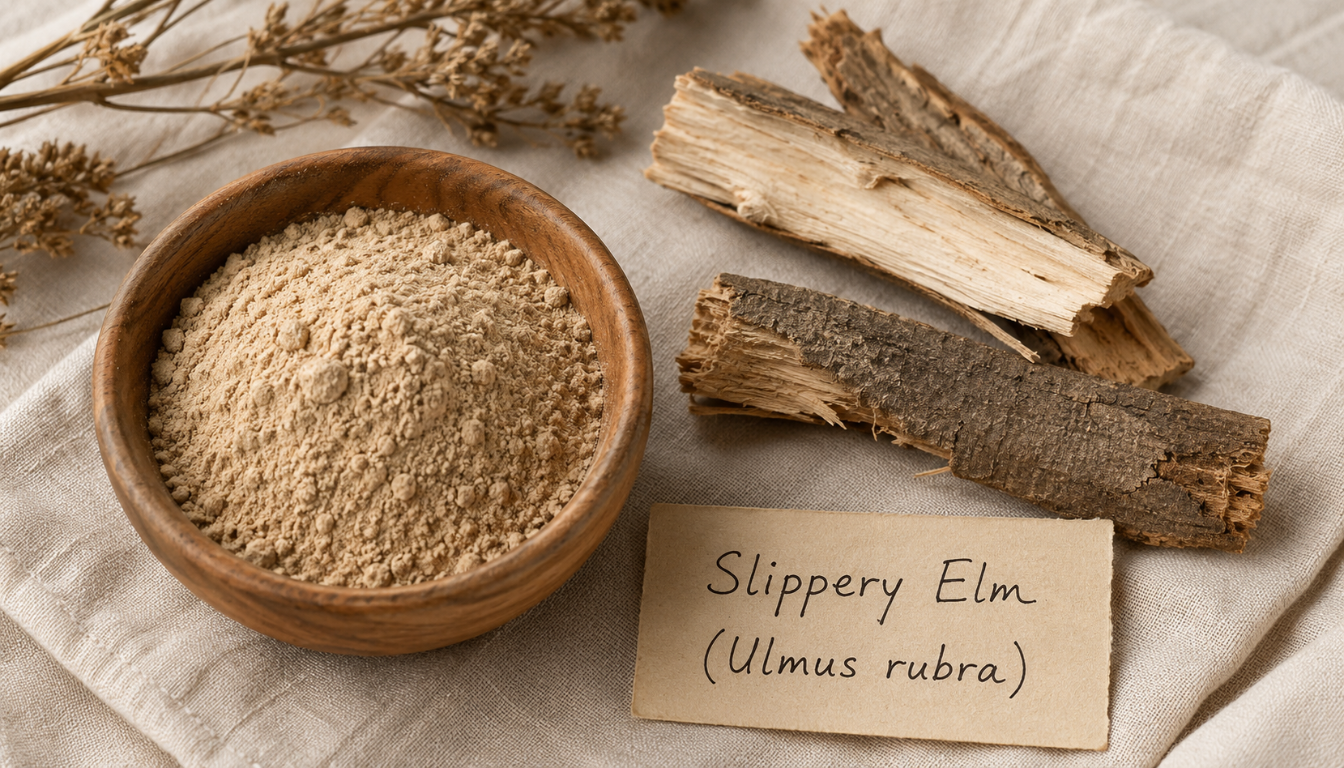 A wooden bowl of slippery elm powder displayed beside pieces of dried slippery elm bark on a beige cloth.