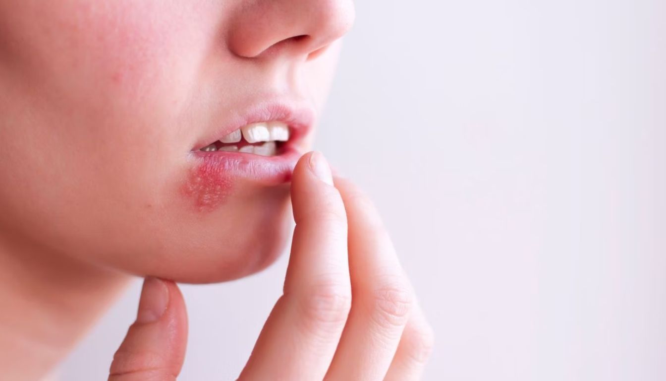 Close-up of a person’s hand gently touching their chin in a thoughtful pose.