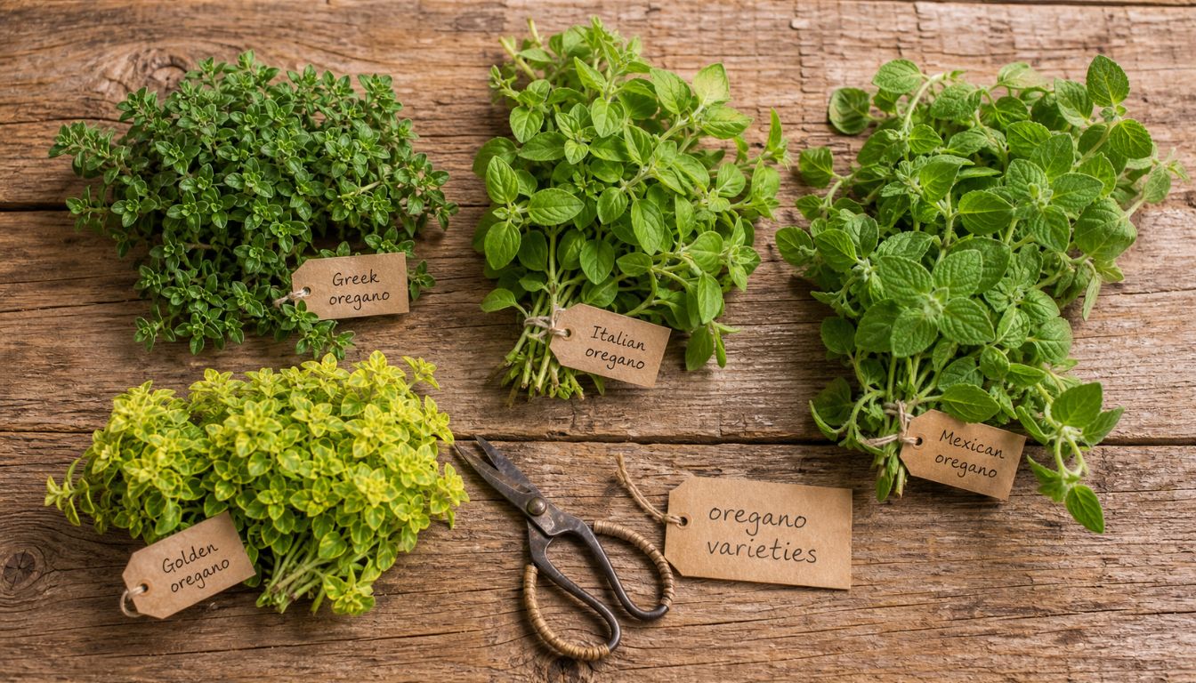 Fresh bundles of Greek, Italian, Mexican, and golden oregano arranged on a rustic wooden surface with labeled tags.