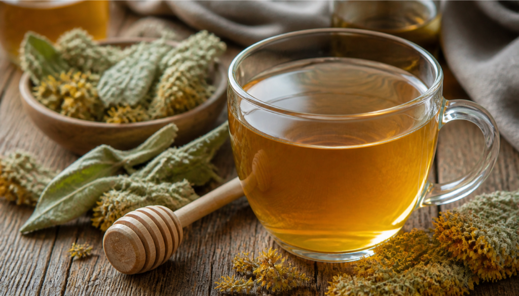 A clear glass cup filled with golden herbal tea sits on a wooden surface surrounded by dried mullein leaves and yellow flower clusters, with a honey dipper resting nearby.