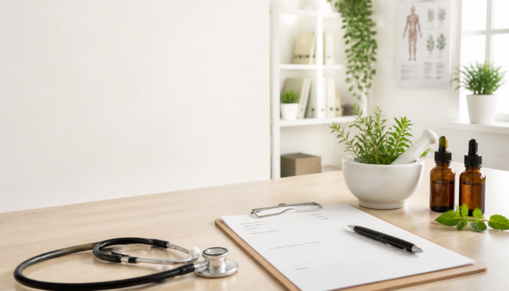 A naturopathic workspace with a stethoscope, patient form, herbal tincture bottles, and a mortar and pestle filled with fresh green herbs on a wooden desk.