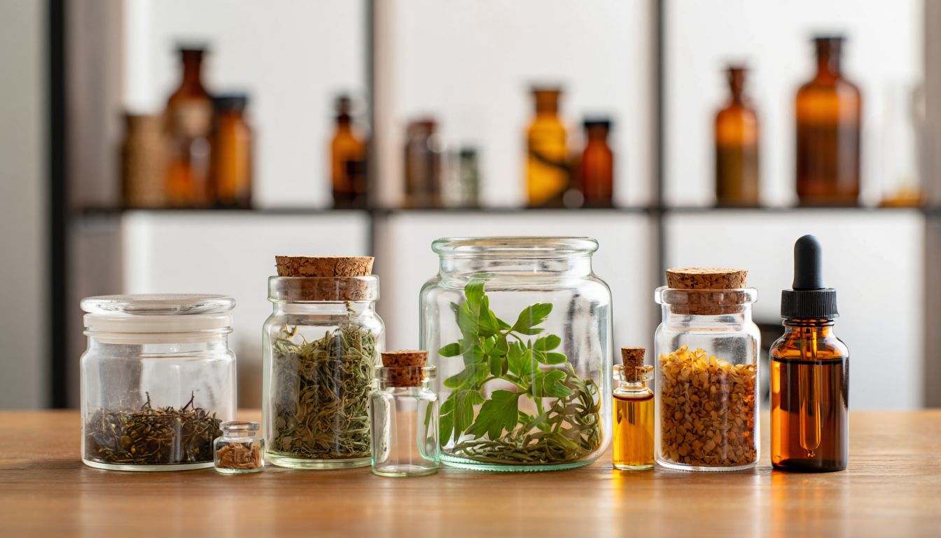 A variety of glass jars and bottles filled with herbs and liquids on a wooden surface, representing natural remedies.