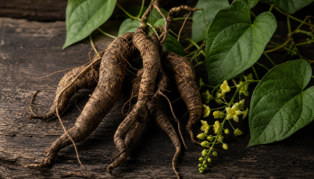 Wild yam roots with attached green vines and heart‑shaped leaves resting on a wooden surface.