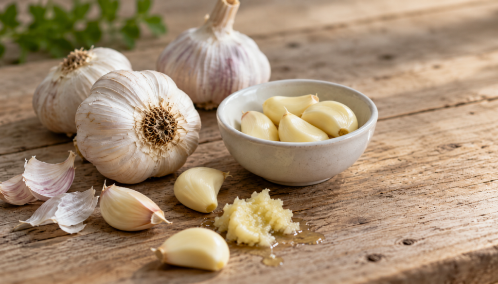 Whole garlic bulbs and a freshly crushed clove on a wooden table