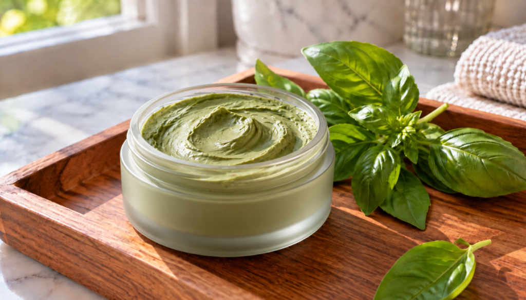 Bowl of crushed basil leaves and honey beside fresh basil sprigs