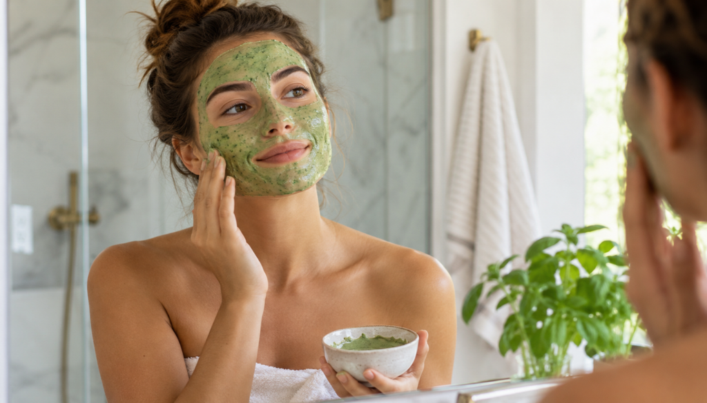 Person applying basil mask on face