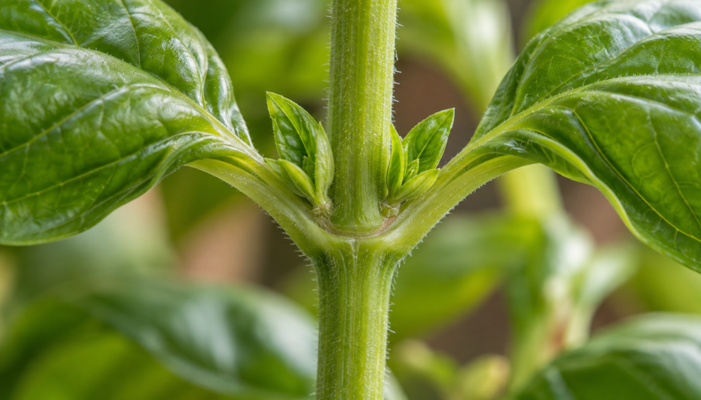 Close-up of a basil leaf node where a pair of leaves meets the stem
