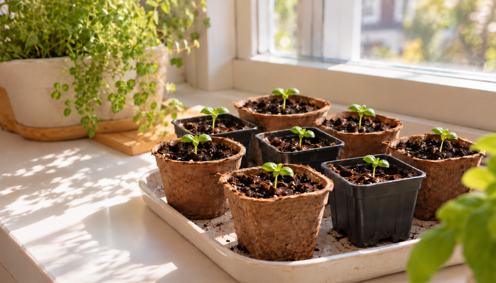 Young basil seedlings in small pots on a bright windowsill