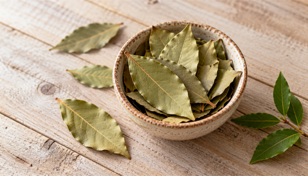 Dried bay leaves in a ceramic bowl beside a fresh bay sprig