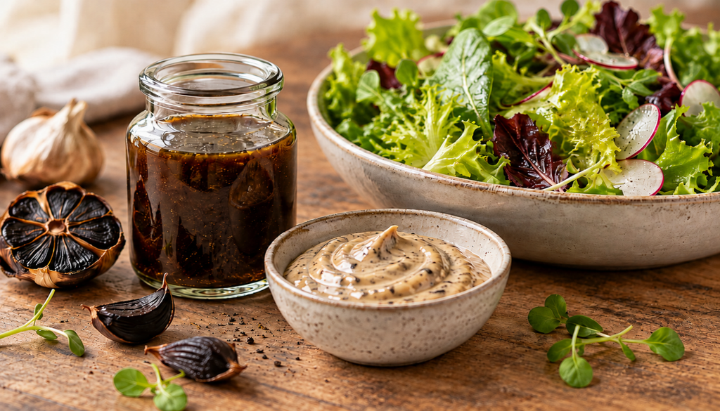 Black garlic aioli and vinaigrette beside a green salad