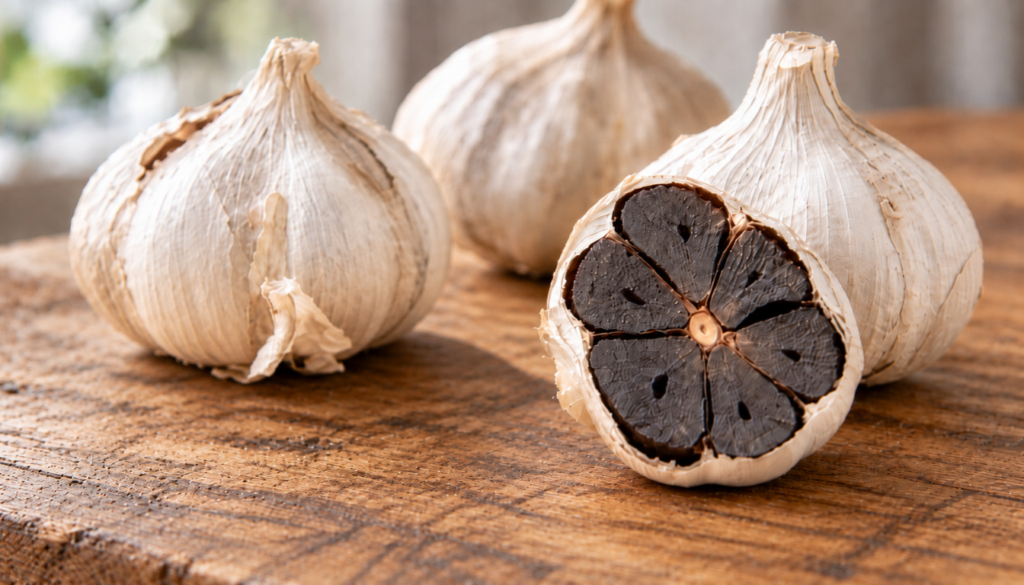 Whole black garlic bulbs and peeled dark cloves on a wooden surface