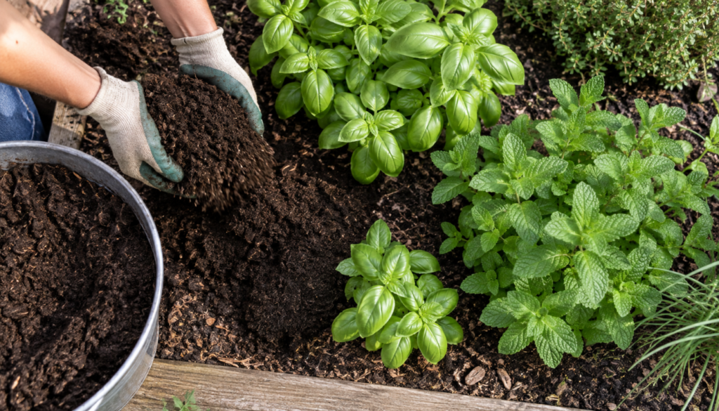 Black soldier fly compost being applied to an herb garden bed