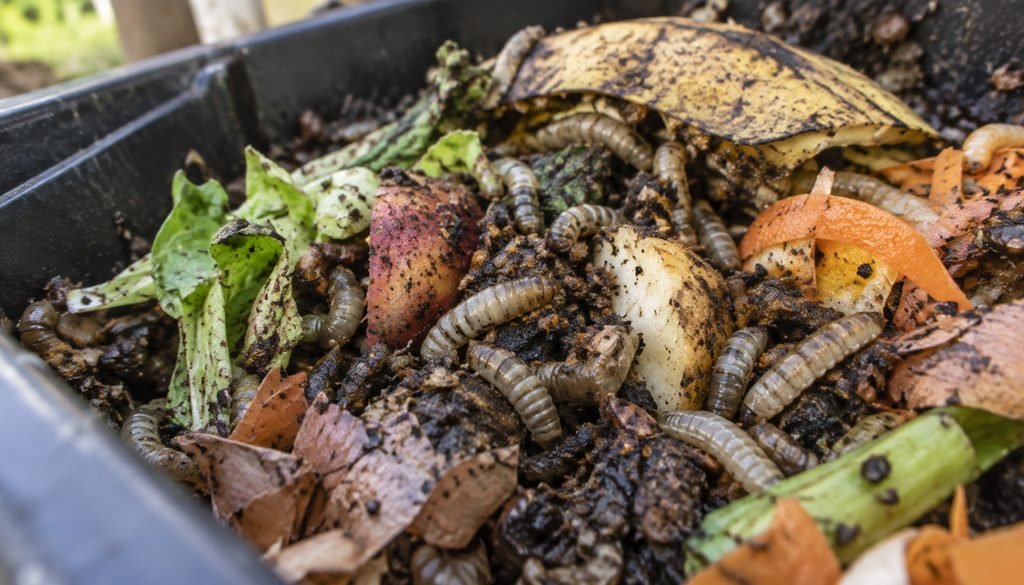 Black soldier fly larvae composting food scraps in a bin