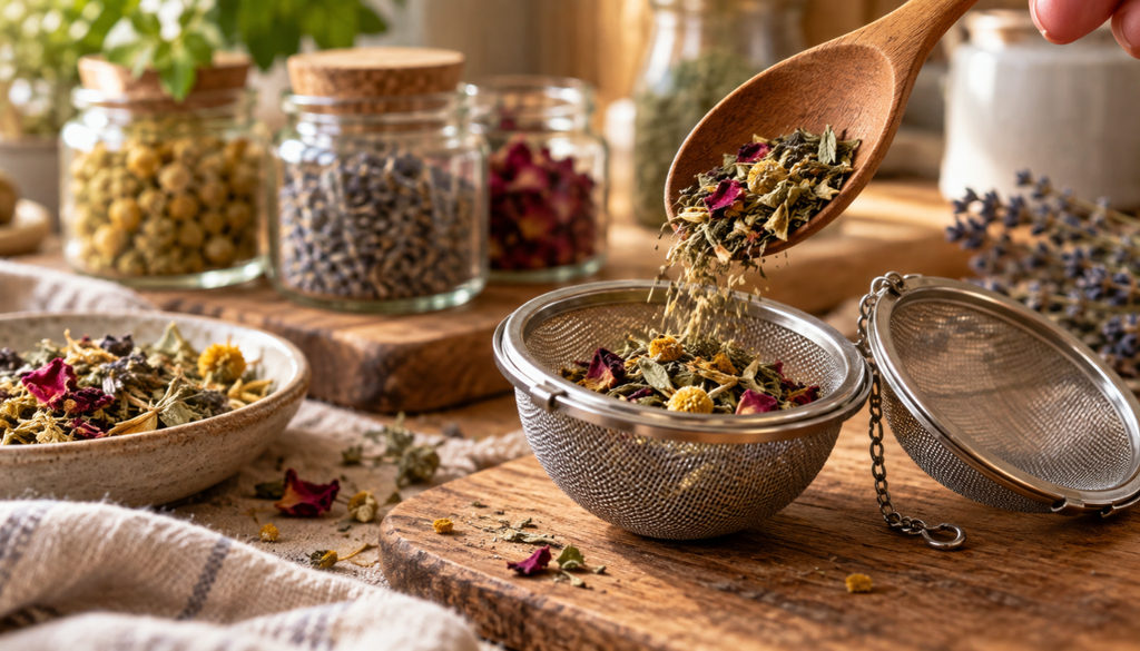 Loose dried herbs being measured into a tea infuser.