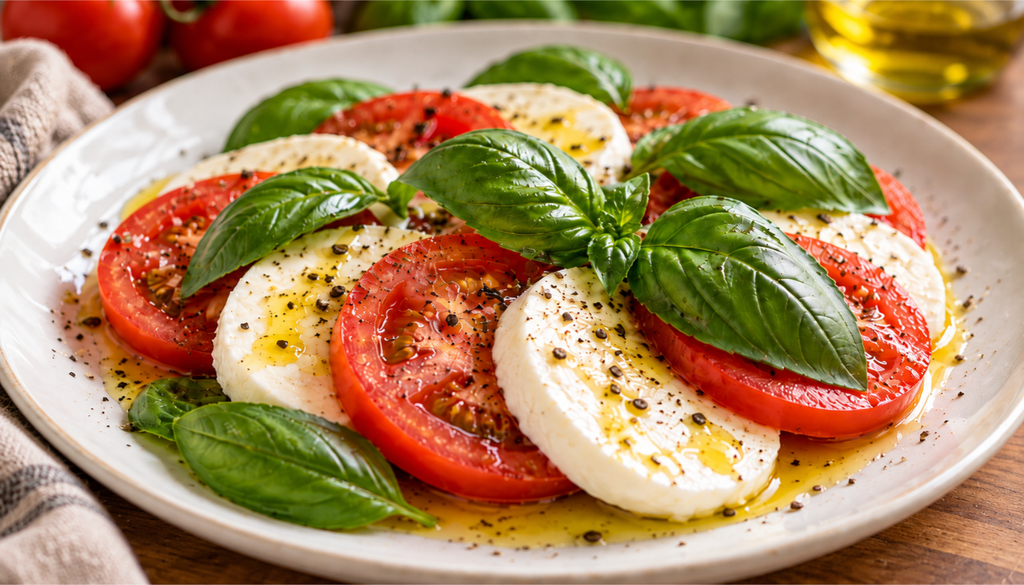 Caprese salad with tomatoes, mozzarella, and fresh sweet basil leaves