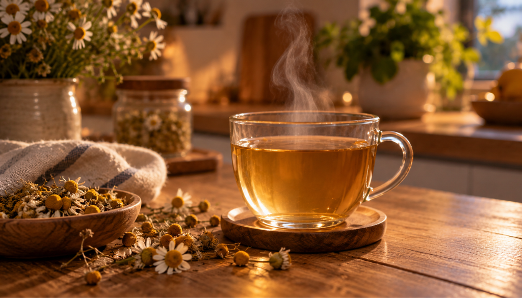 A steaming cup of chamomile tea with dried chamomile flowers on a wooden table