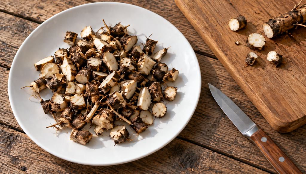 Washed and chopped dandelion root pieces on a white plate beside a knife and cutting board