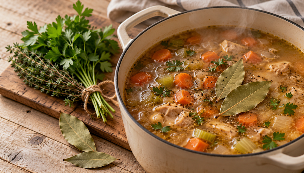 Whole bay leaves floating in a pot of soup with a tied bundle of fresh herbs nearby