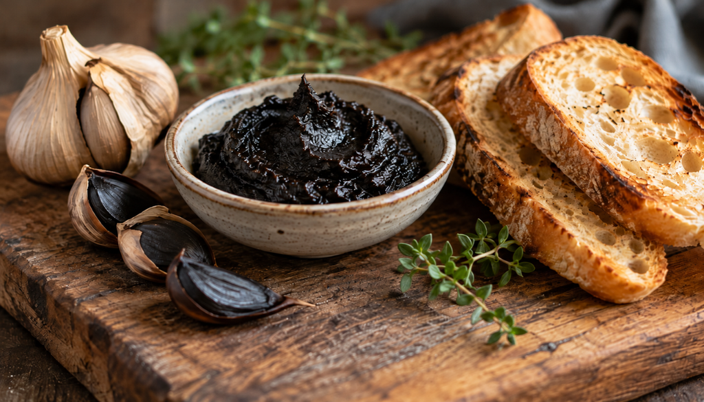 Bowl of black garlic paste with toast and whole black garlic cloves