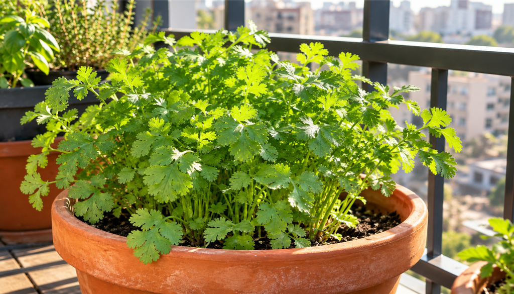 Coriander growing in a terracotta pot on a sunny balcony