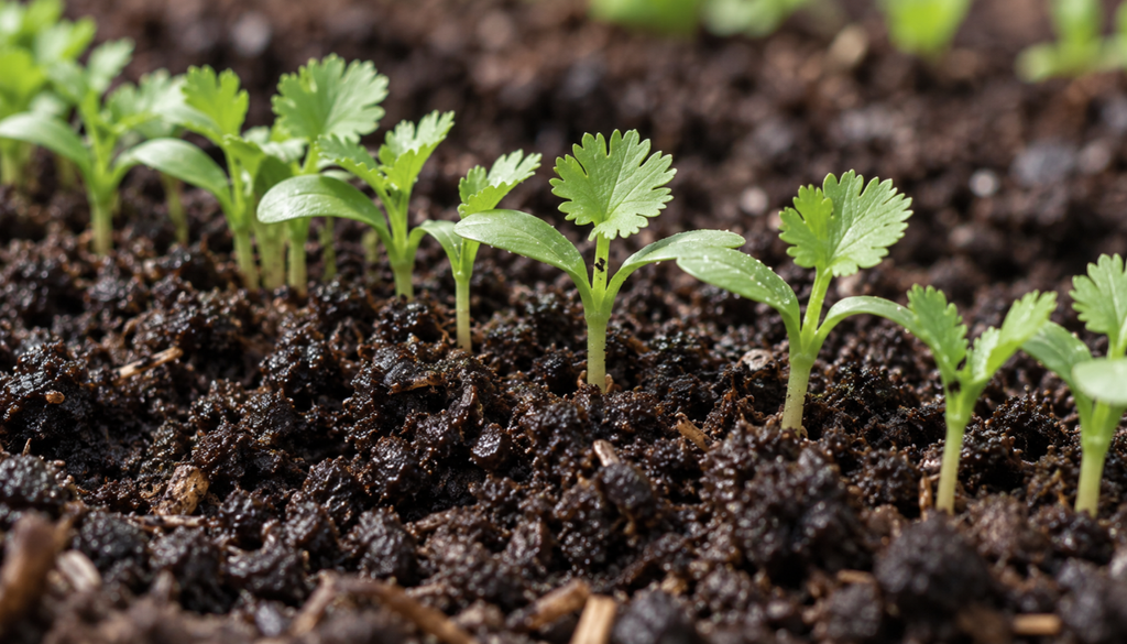 Young coriander seedlings sprouting in a row of garden soil
