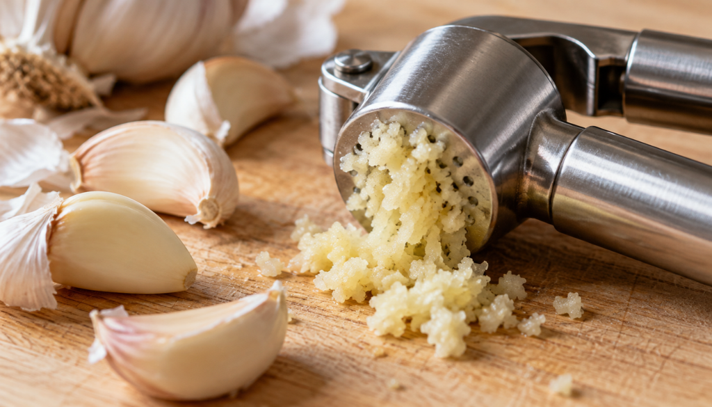 Garlic clove in a garlic press on a wooden chopping board