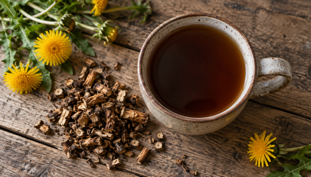 Mug of dark dandelion root tea with roasted dandelion roots and fresh dandelion flowers on a wooden table