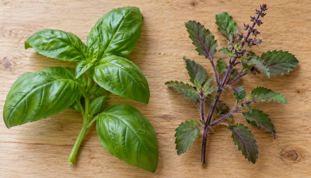 Sweet basil and holy basil (tulsi) sprigs side by side showing different leaves