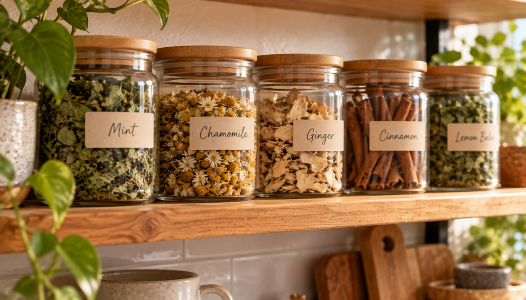 Labeled glass jars of dried herbs for making custom tea blends.