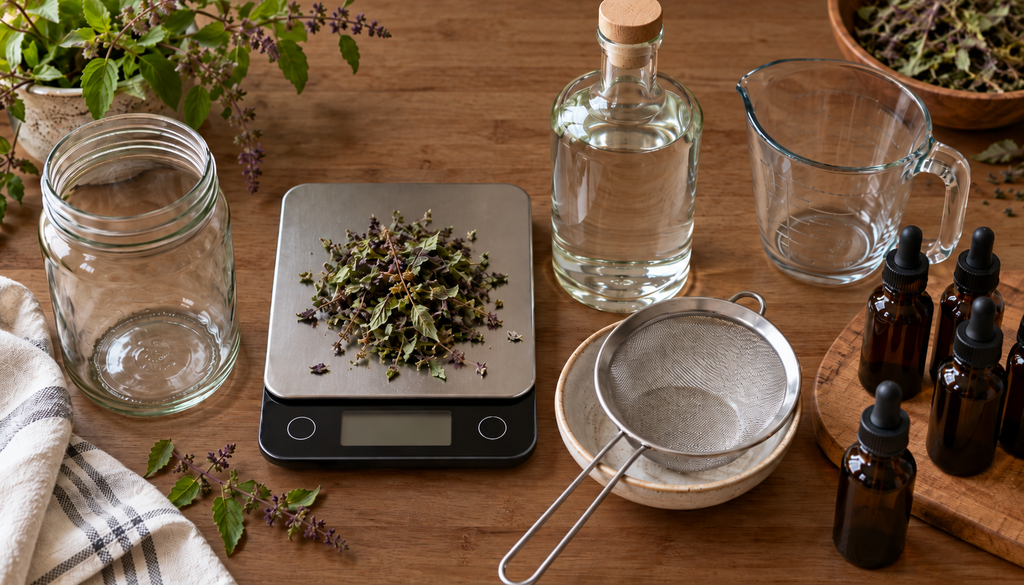 Jar, scale, dried tulsi leaves, vodka, and amber bottles for making a tincture