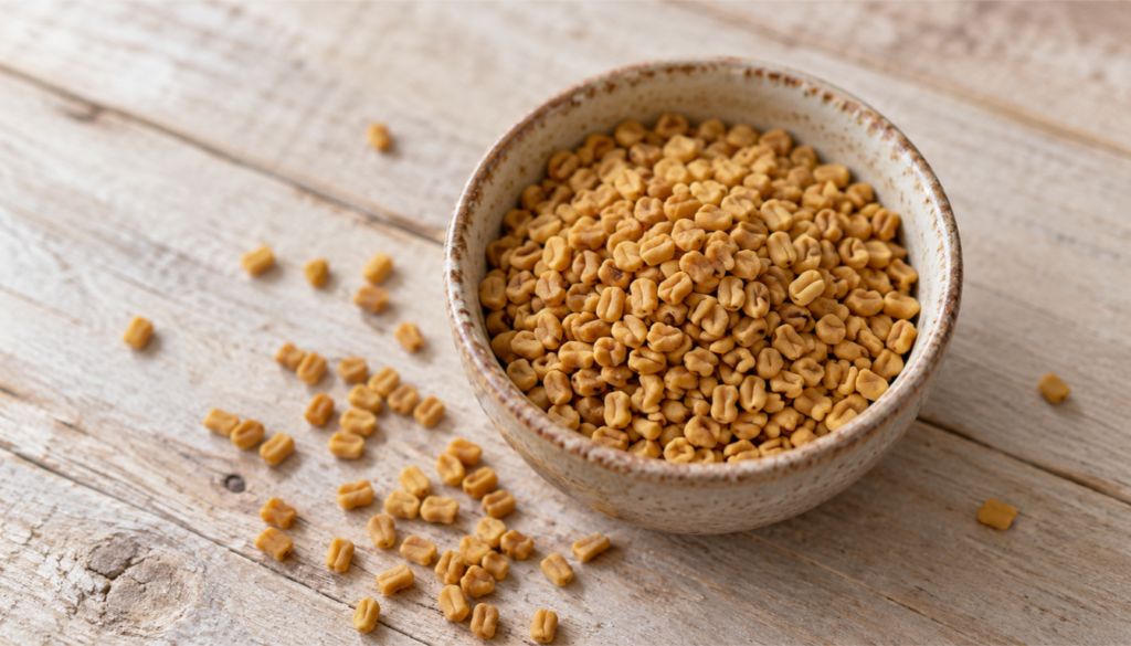 Golden-brown fenugreek seeds in a ceramic bowl on a wooden table