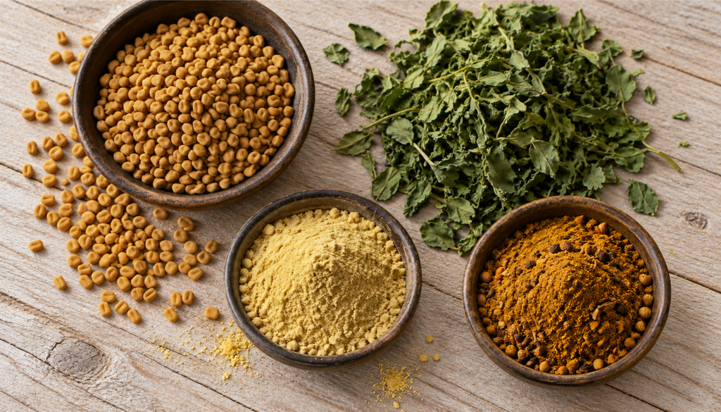 Whole fenugreek seeds, ground powder and dried leaves on a slate board