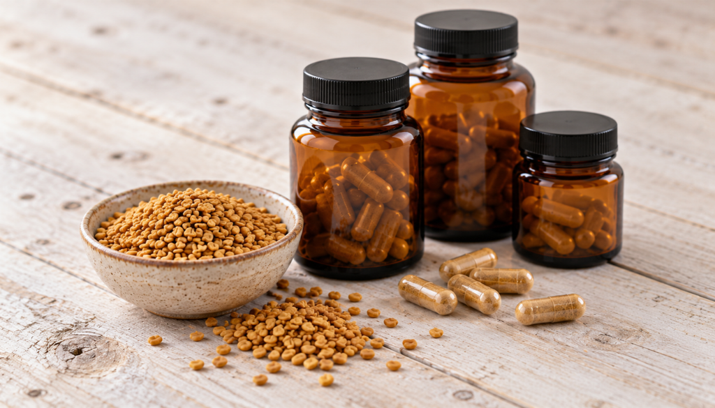Unlabeled supplement capsules beside a small pile of fenugreek seeds