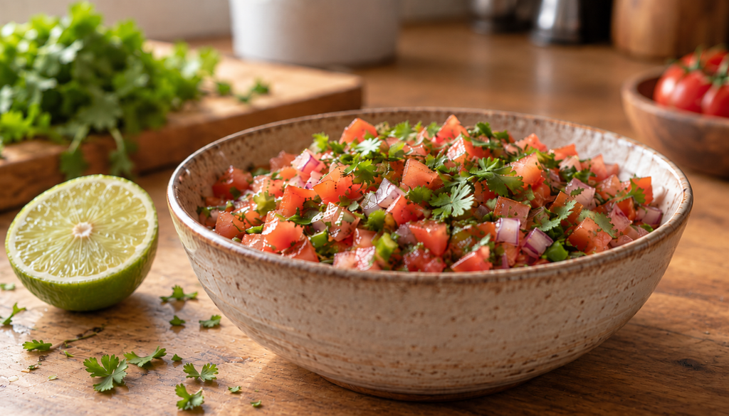 Chopped fresh cilantro on a bowl of salsa with a lime half