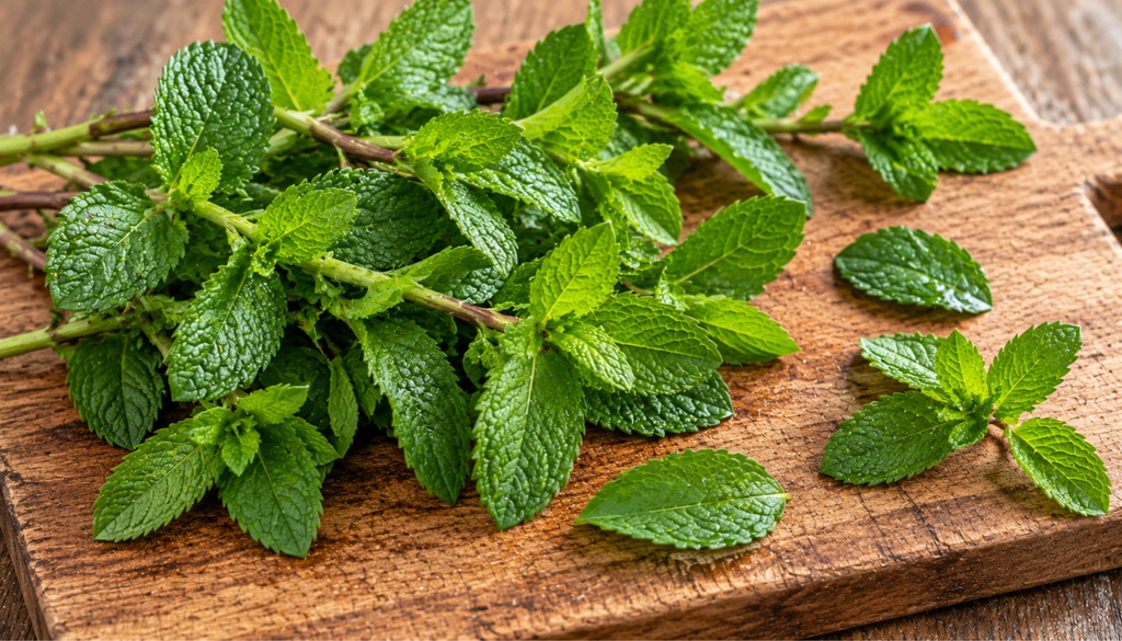 Fresh peppermint and spearmint sprigs with water droplets on a wooden board