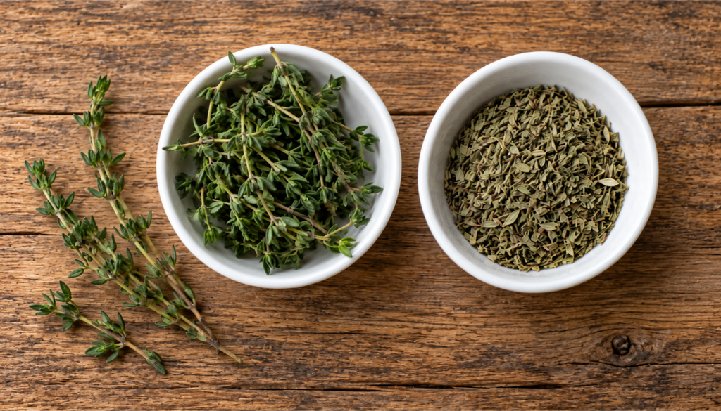 Two bowls on a wooden board, one with fresh thyme sprigs and one with dried crumbled thyme