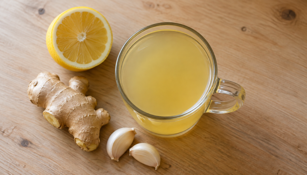 Glass mug of garlic ginger and lemon drink with fresh ingredients on a wooden table