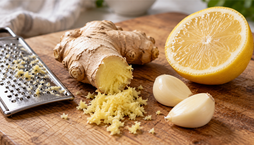 Fresh ginger, garlic cloves and a halved lemon on a wooden chopping board