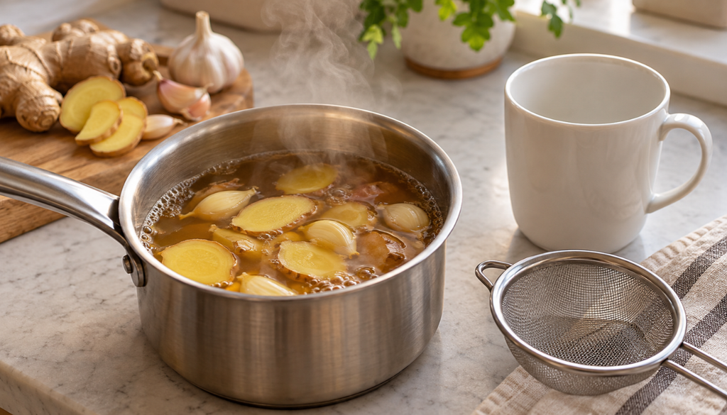 Saucepan of simmering garlic and ginger tea with a strainer and mug