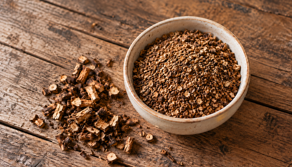 Grinded dandelion root pieces in a ceramic bowl