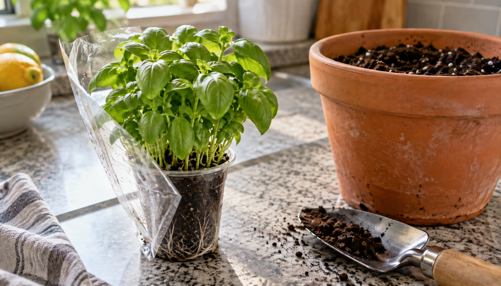 Grocery store basil plant next to a larger pot ready for repotting