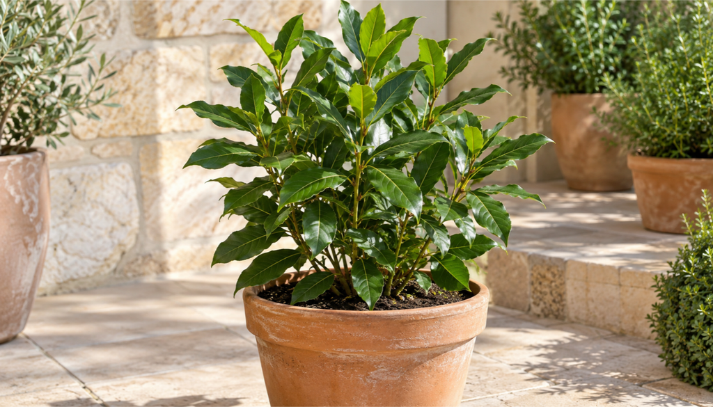 Young bay laurel plant growing in a terracotta pot on a patio