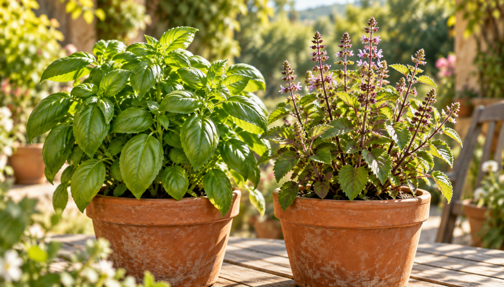 Sweet basil and tulsi plants growing in terracotta pots